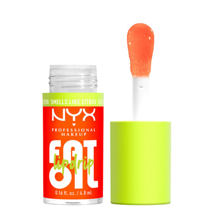 NYX Fat Oil Lip Drip Juicy Boo front view with vibrant orange tint