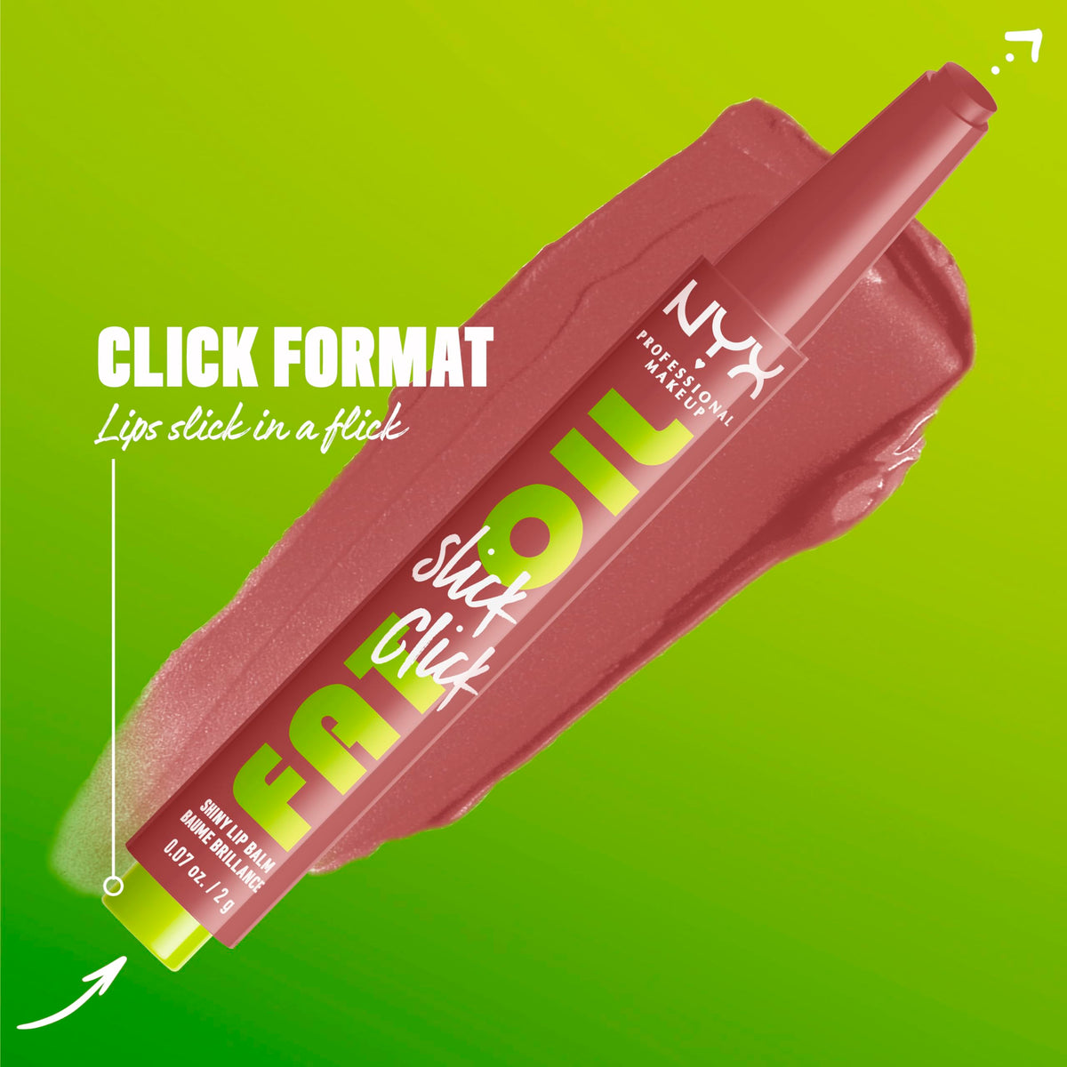 NYX Fat Oil Slick Click Lip Balm packaging with ingredients listed