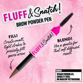 NYX Fluff & Snatch Brow Powder Pen Taupe next to spoolie brush