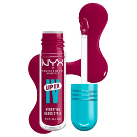 NYX Lip IV Hydrating Glossy Lip Stain on a vanity with makeup accessories