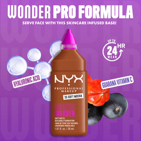 NYX Make 'Em Wonder Foundation 35 Soft Mocha with makeup tools
