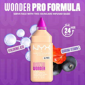 NYX Make 'Em Wonder Liquid Foundation 01 Pale with makeup brush