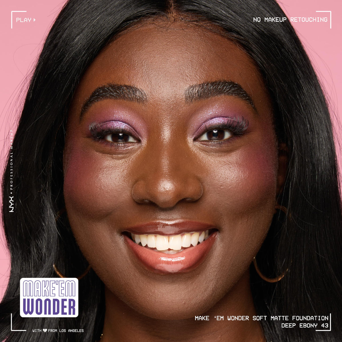 NYX Make 'Em Wonder Liquid Foundation 43 Deep Ebony with makeup tools