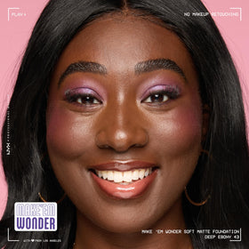 NYX Make 'Em Wonder Liquid Foundation 43 Deep Ebony with makeup tools