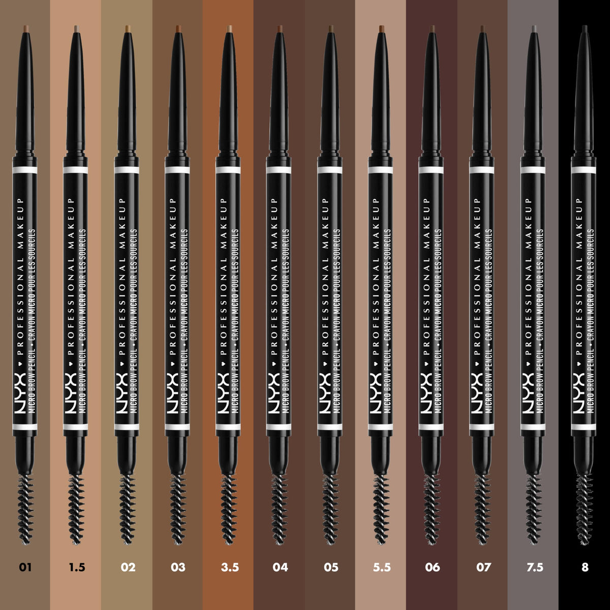 NYX Micro Brow Pencil Espresso with multiple shades displayed