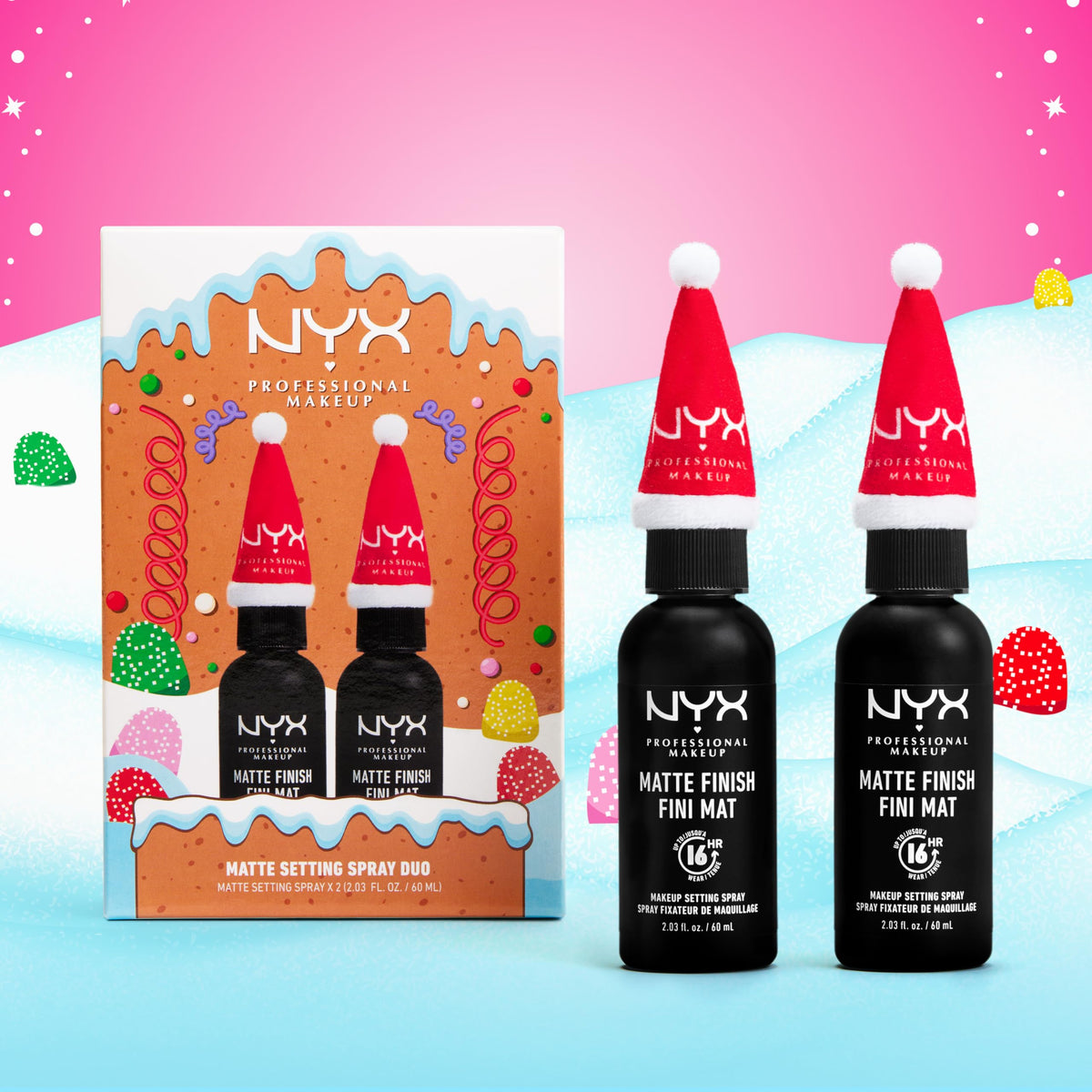 NYX Setting Spray Duo lifestyle image with holiday decorations