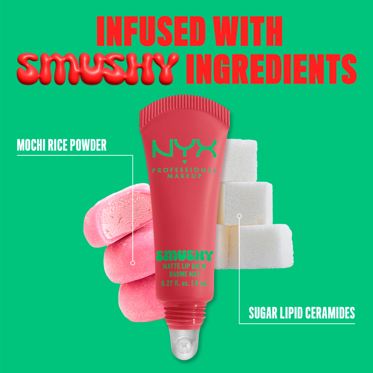 NYX Smushy Matte Lip Balm in hand against a soft backdrop