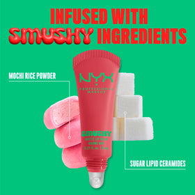 NYX Smushy Matte Lip Balm in hand against a soft backdrop