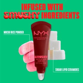 NYX Smushy Matte Lip Balm on a vanity with makeup accessories