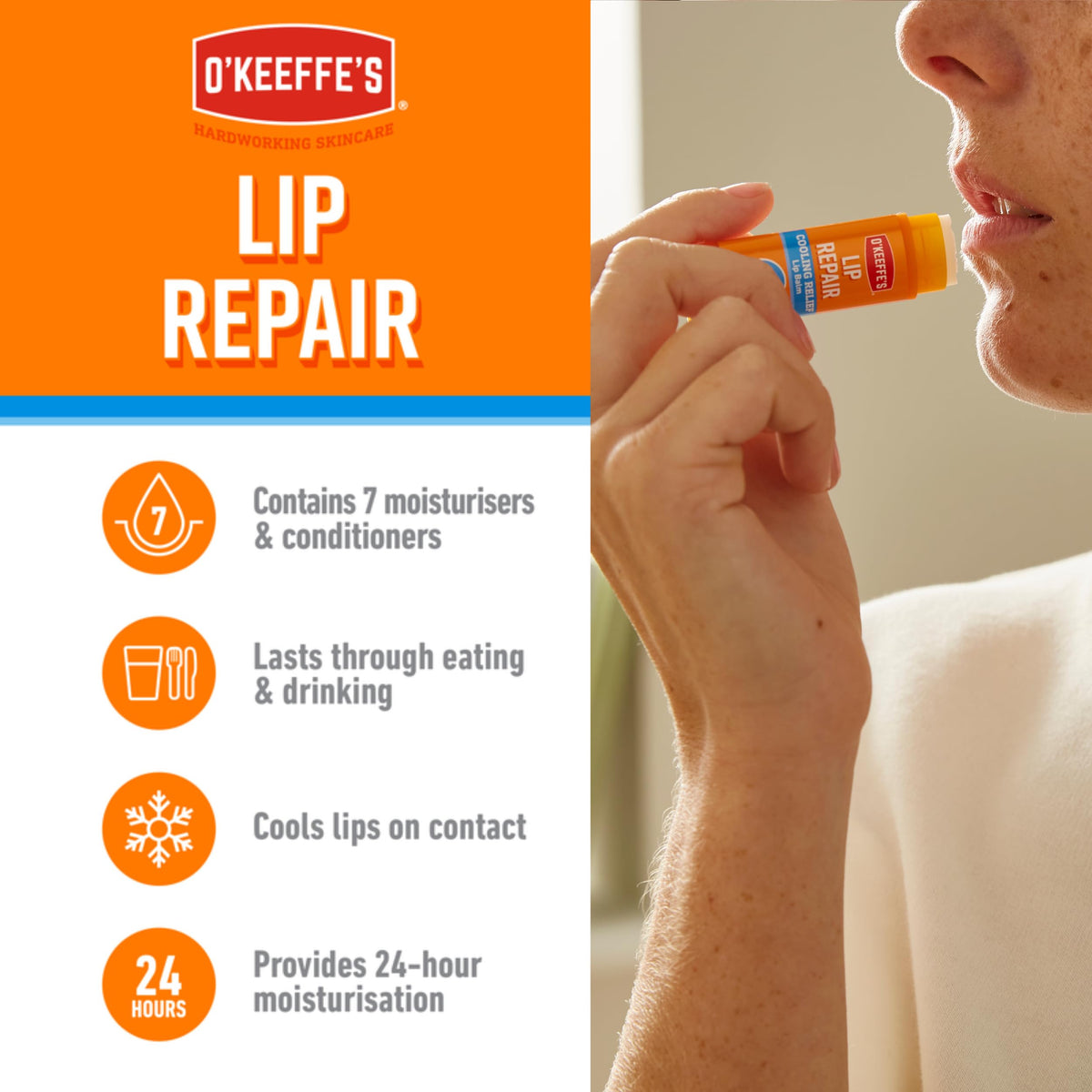 O'Keeffe's Cooling Relief Lip Repair Balm side view with ingredients list