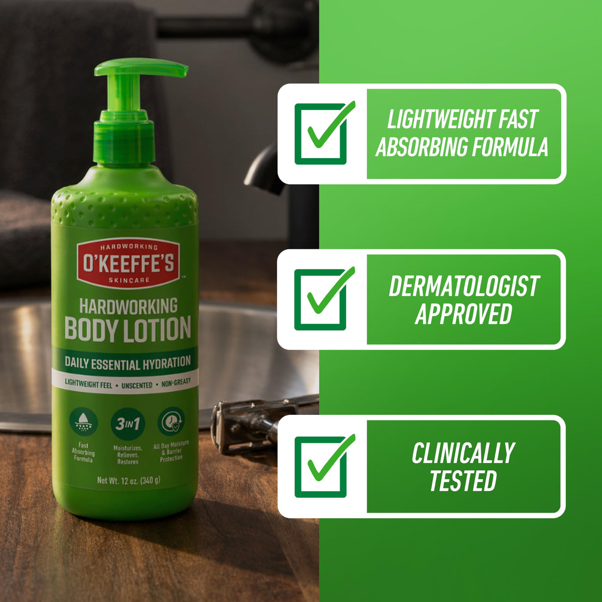 O'Keeffe's Hardworking Body Lotion 12 oz Pump on a bathroom counter