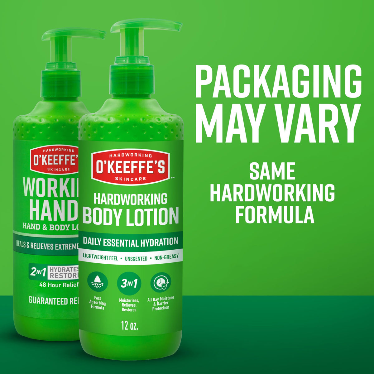 O'Keeffe's Hardworking Body Lotion 12 oz Pump with ingredients list