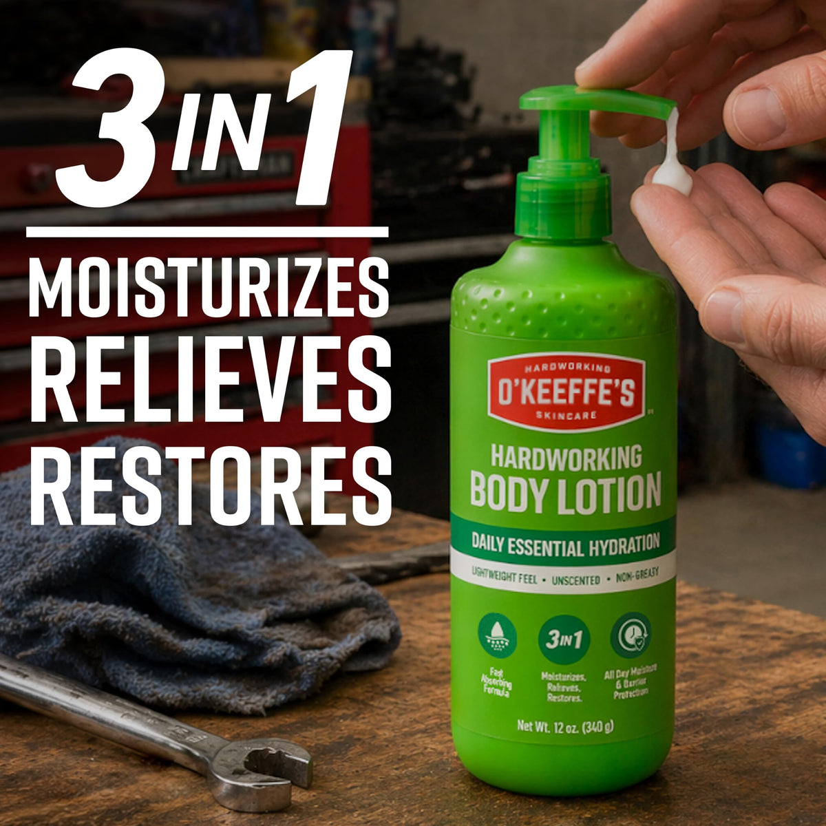 O'Keeffe's Hardworking Body Lotion 12 oz Pump with pump dispenser