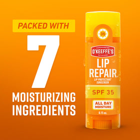 O'Keeffe's Lip Repair SPF 35 Balm in a beach setting