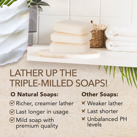 O NATURALS Coconut Shea Butter Soap Bar on a wooden dish