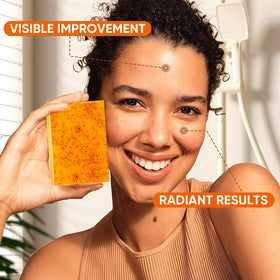 OAKDOLCHE turmeric soap bars stacked with exfoliating net