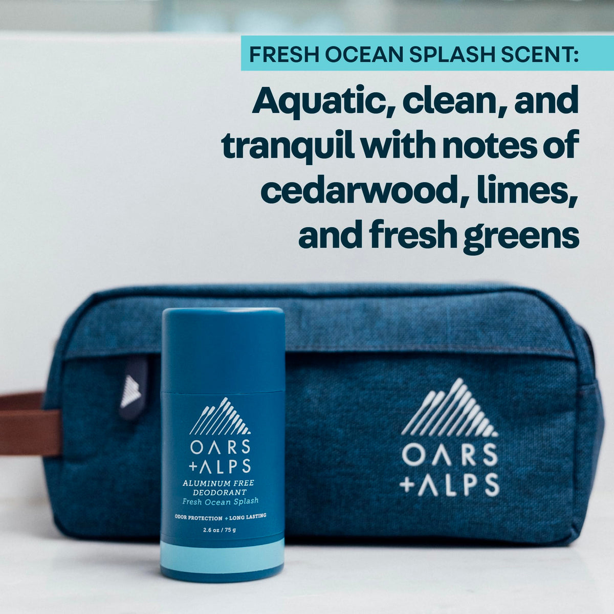 Oars + Alps Men's Deodorant on bathroom shelf with other grooming products