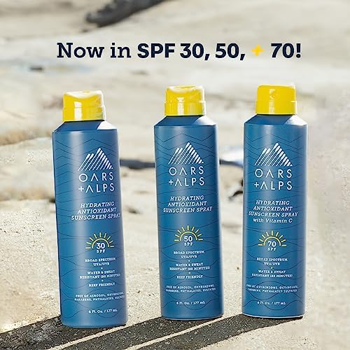 Oars + Alps SPF 30 Body Sunscreen Spray displayed on a table