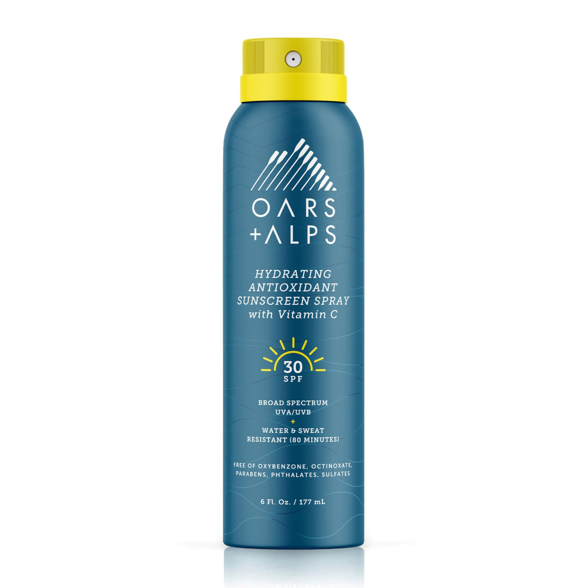 Oars + Alps SPF 30 Body Sunscreen Spray front view with clear packaging