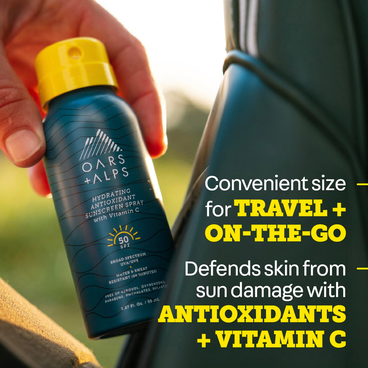 Oars + Alps SPF 50 Travel Body Sunscreen Spray side view
