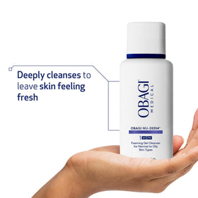 Obagi Nu-Derm Foaming Gel in a bathroom setting
