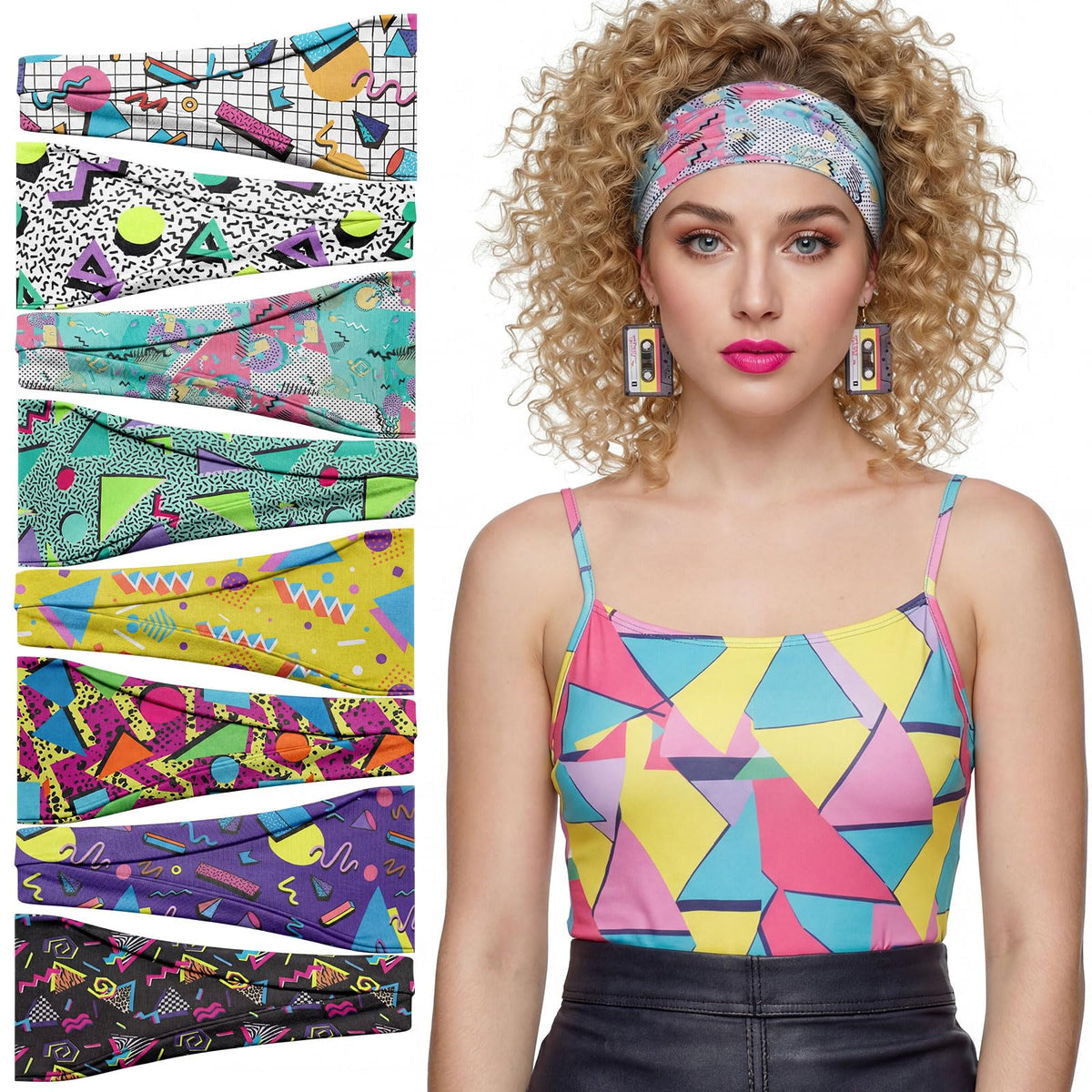 obeoby 8 pack 80s neon print headbands assorted styles front view