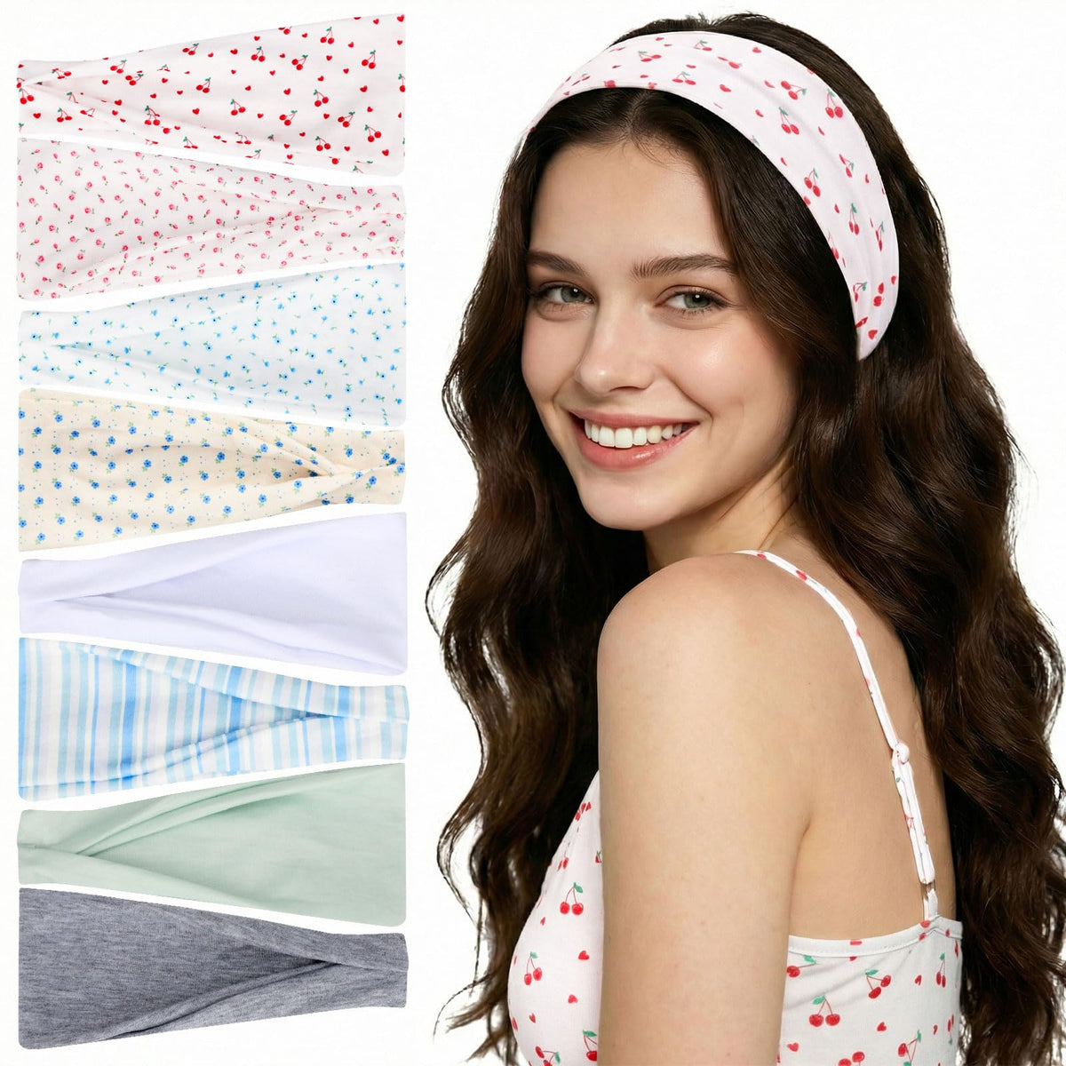 obeoby 8 Pack Cherry Headbands assorted floral designs front view