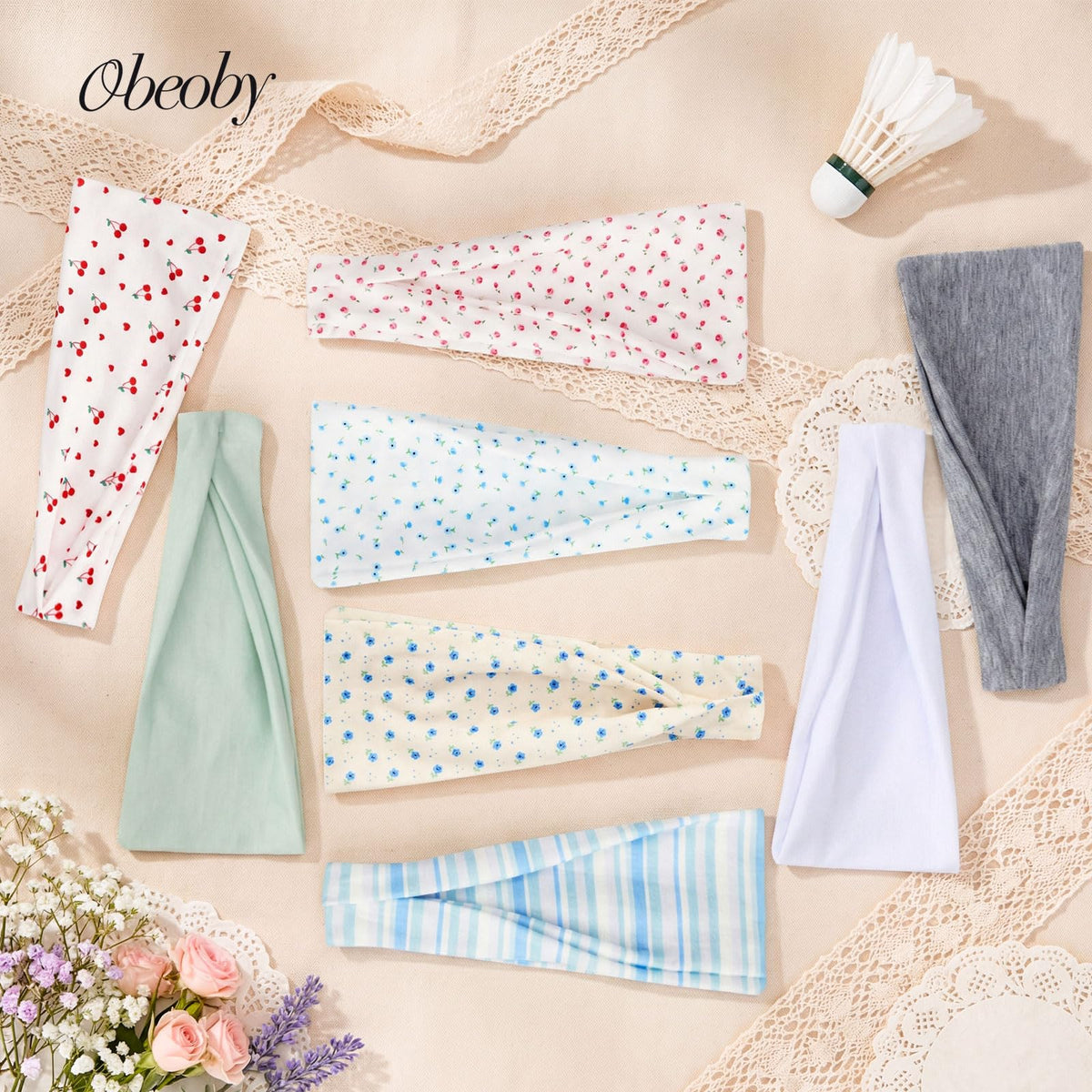 obeoby 8 Pack Cherry Headbands folded to show adjustable width