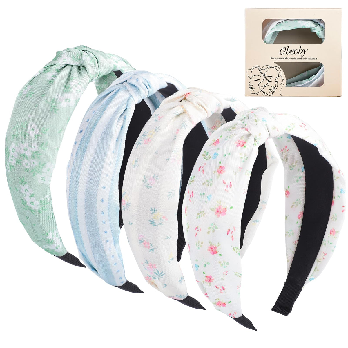 obeoby Floral Knotted Headbands 4 Pack in green floral design