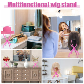 obeoby Pink Wig Stand in a hair salon setting