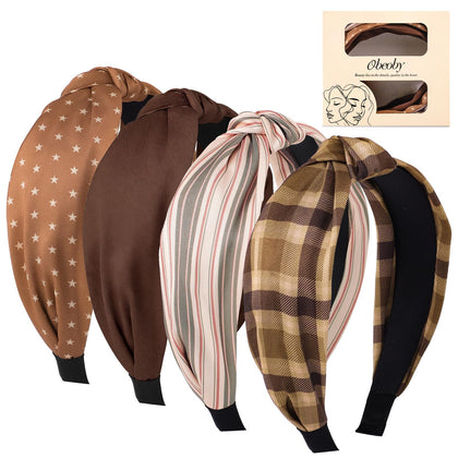 obeoby Plaid Knotted Headbands 4-Pack in brown, front view