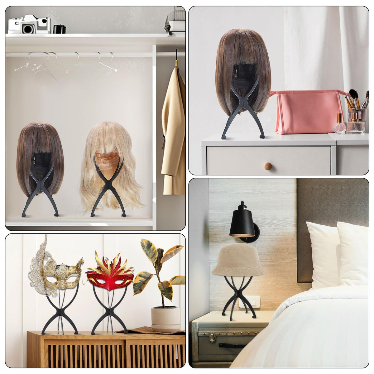 obeoby wig stand black model in home setting