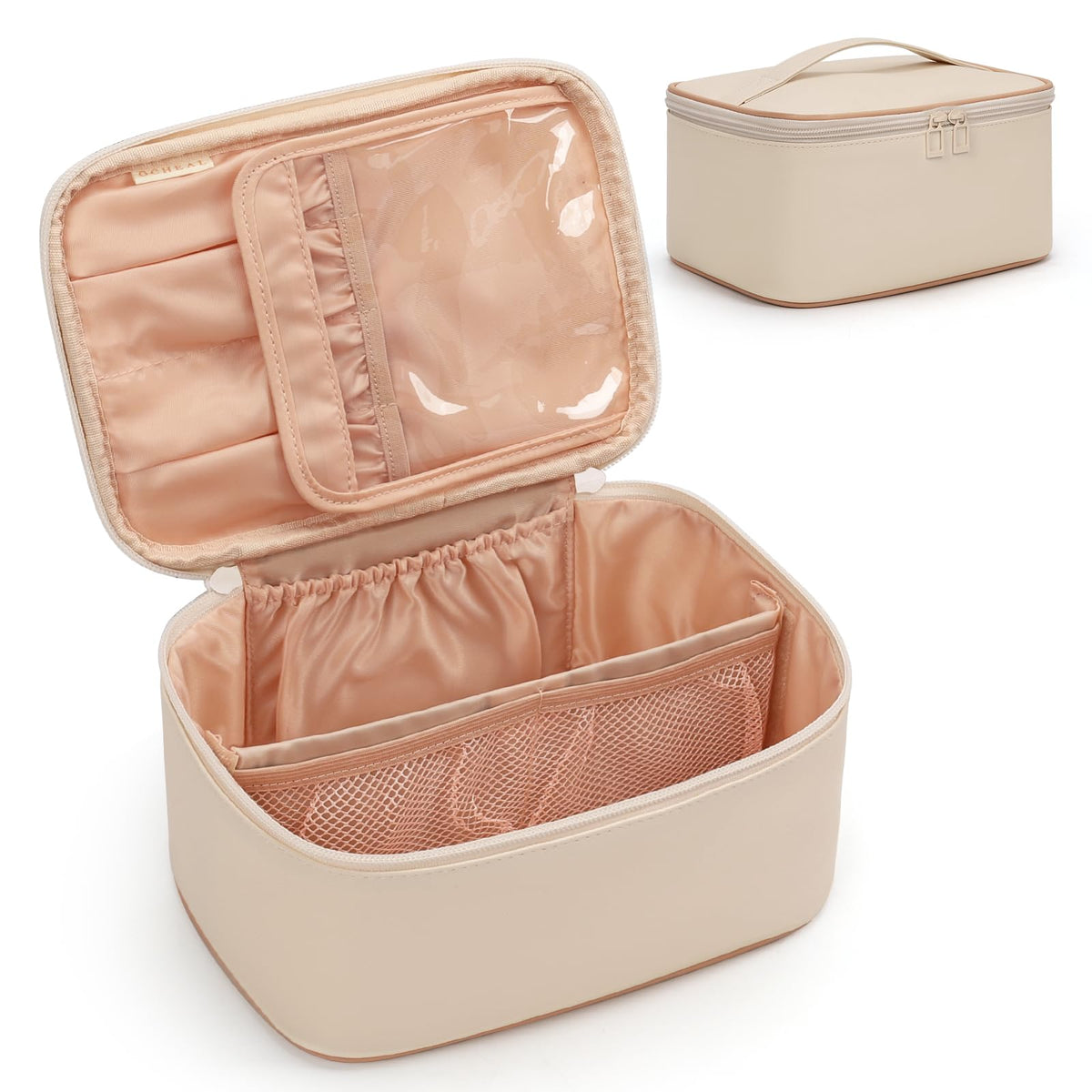 OCHEAL Beige Makeup Bag front view with separate brush compartment