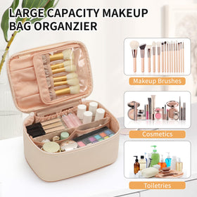 OCHEAL Beige Makeup Bag open with cosmetics inside