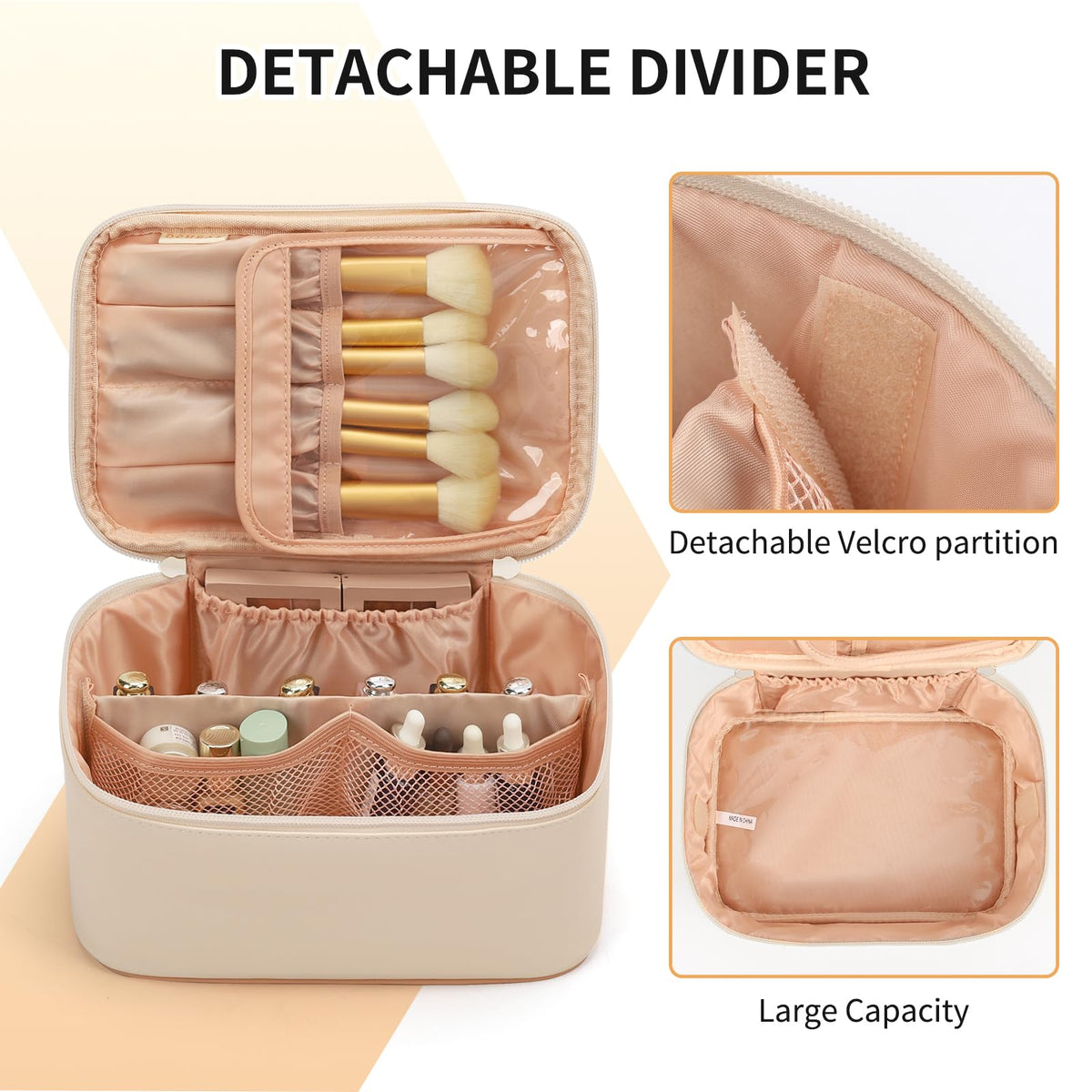 OCHEAL Beige Makeup Bag showing flexible Velcro dividers