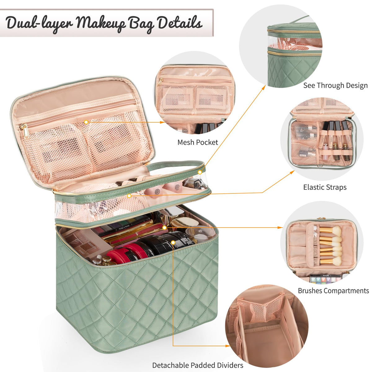 OCHEAL Large Makeup Bag side view with zippers