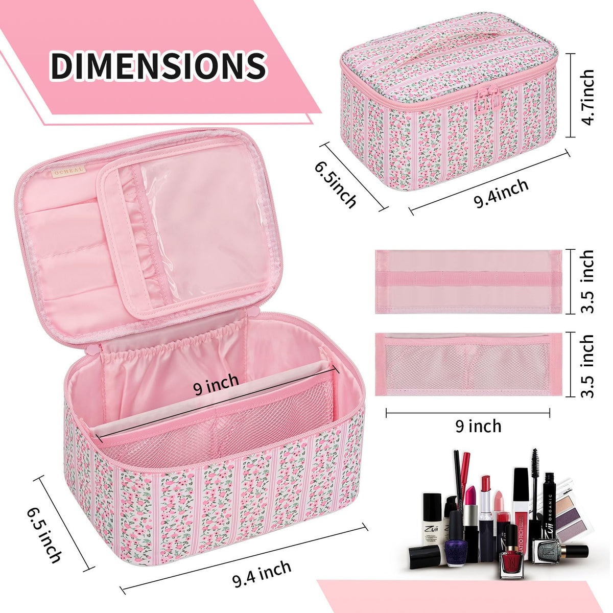 OCHEAL Makeup Bag dimensions displayed with cosmetic items