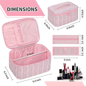 OCHEAL Makeup Bag dimensions displayed with cosmetic items