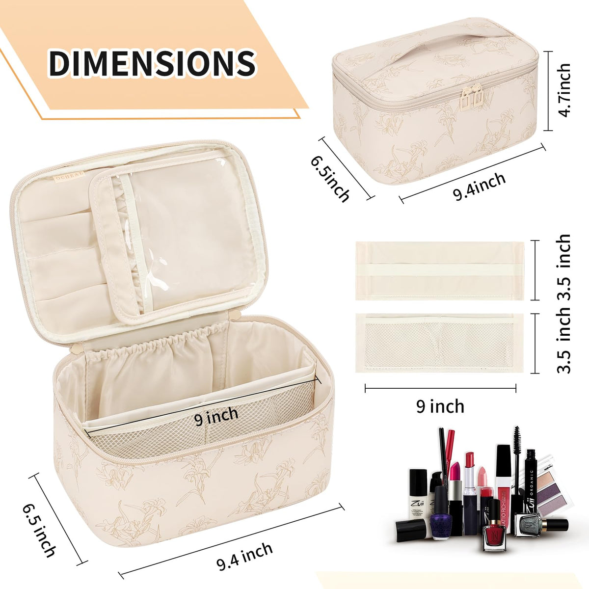 OCHEAL Makeup Bag dimensions shown with ruler