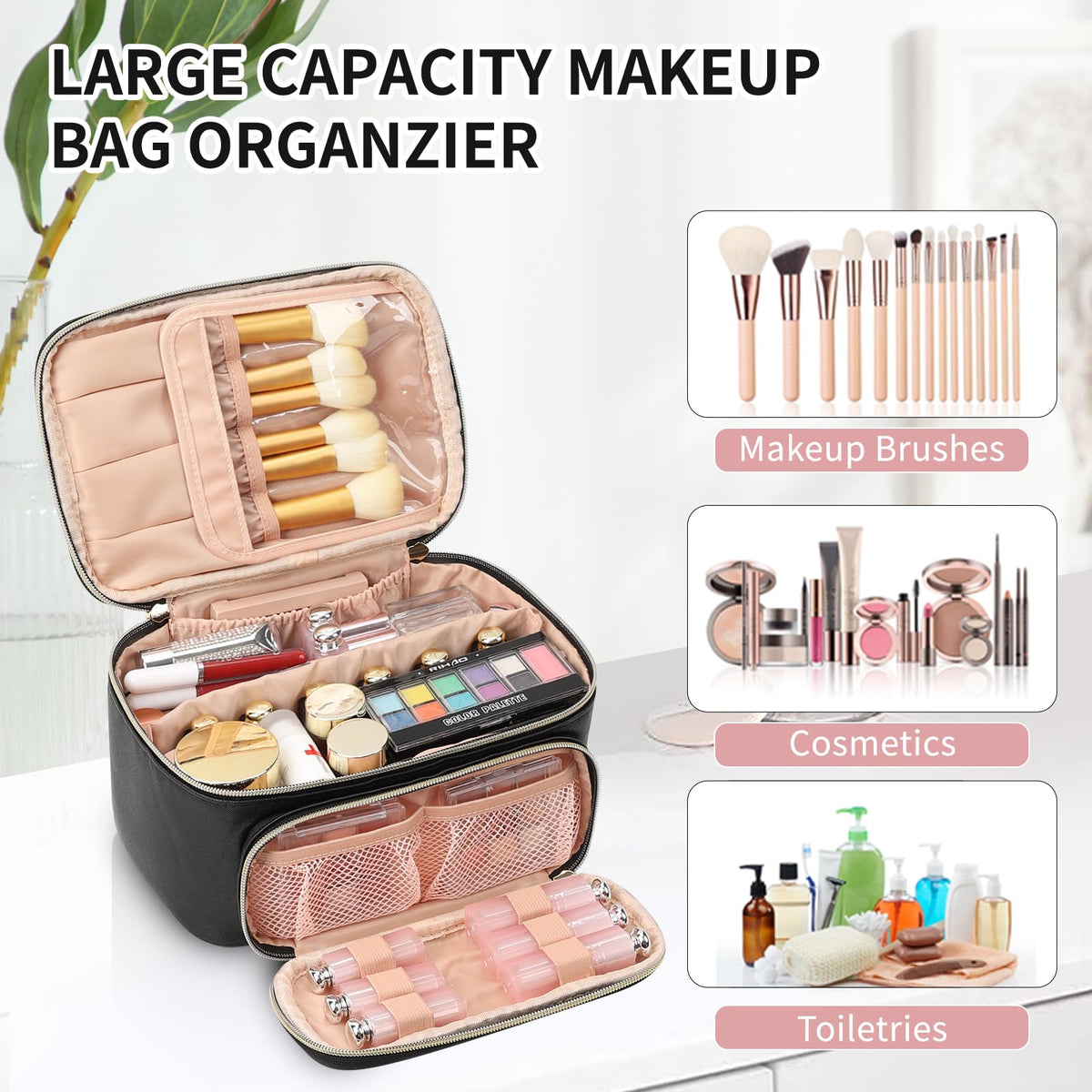 OCHEAL Makeup Bag displayed on a table with cosmetics