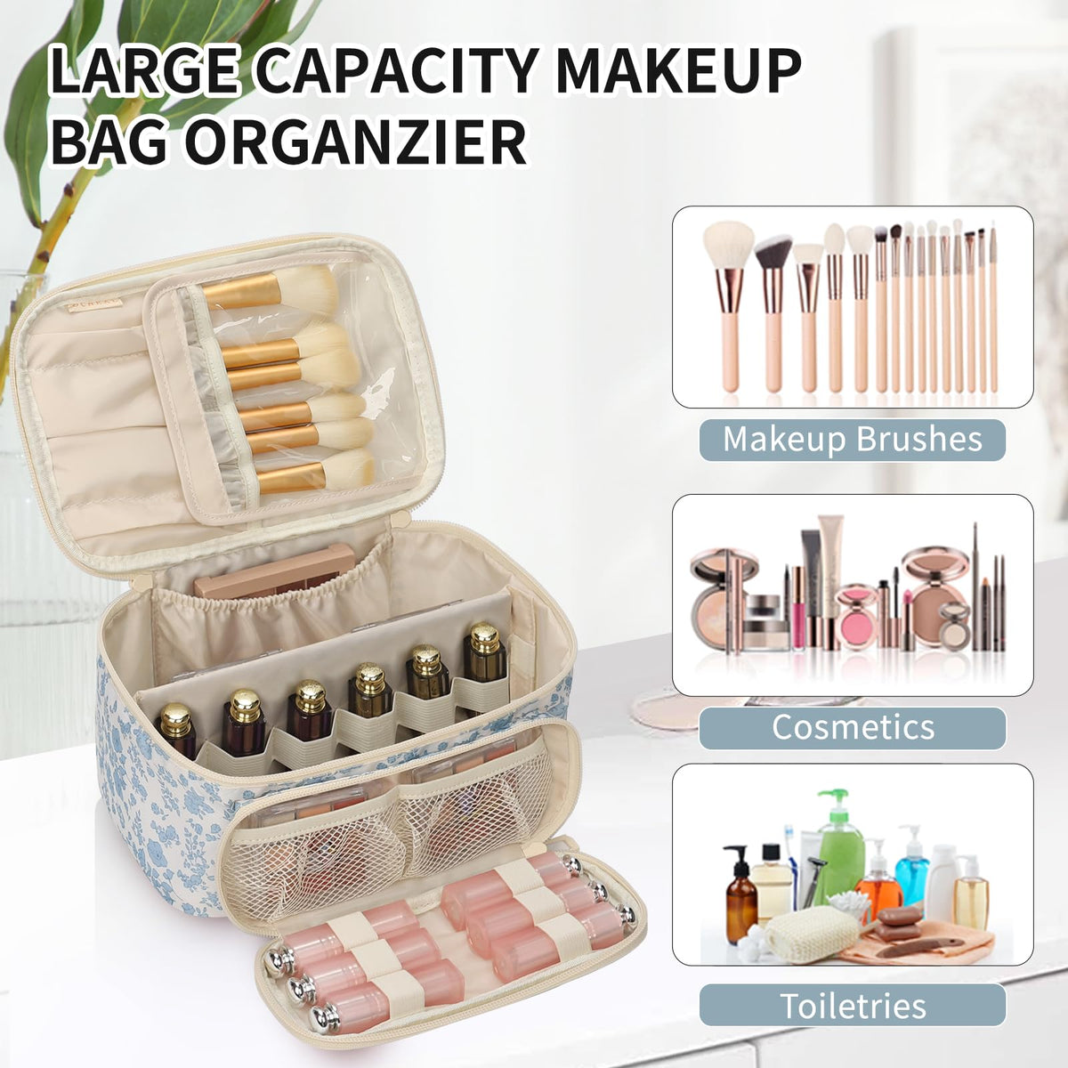 OCHEAL Makeup Bag filled with cosmetics and toiletries