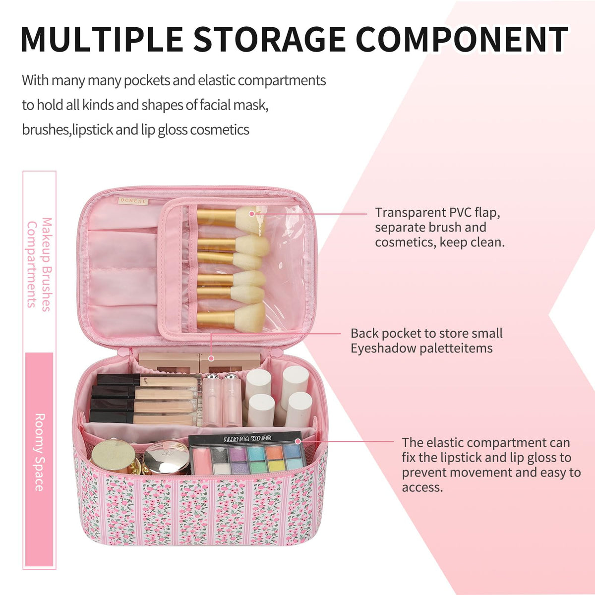 OCHEAL Makeup Bag inside view with cosmetics organized