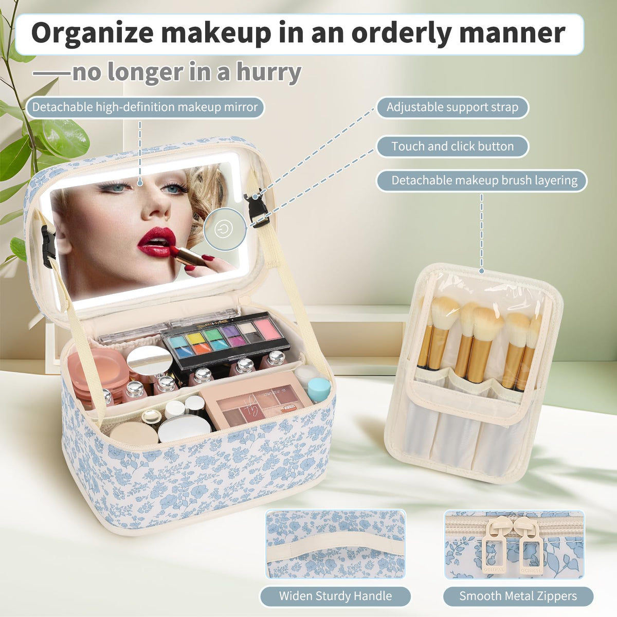 OCHEAL Makeup Bag opened displaying organized cosmetics and brushes