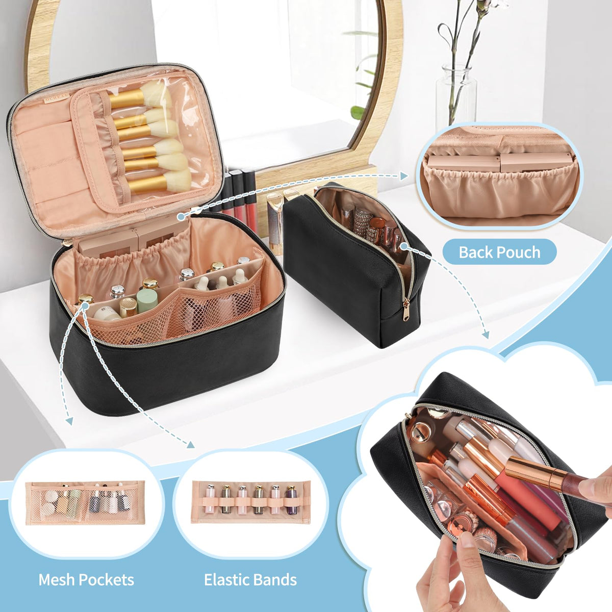 OCHEAL Makeup Bag Set interior pockets of large bag