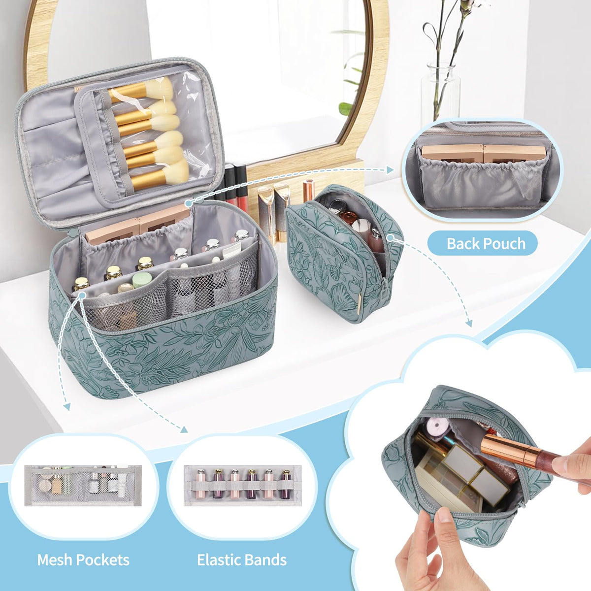 OCHEAL Makeup Bag Set large bag open with cosmetics inside