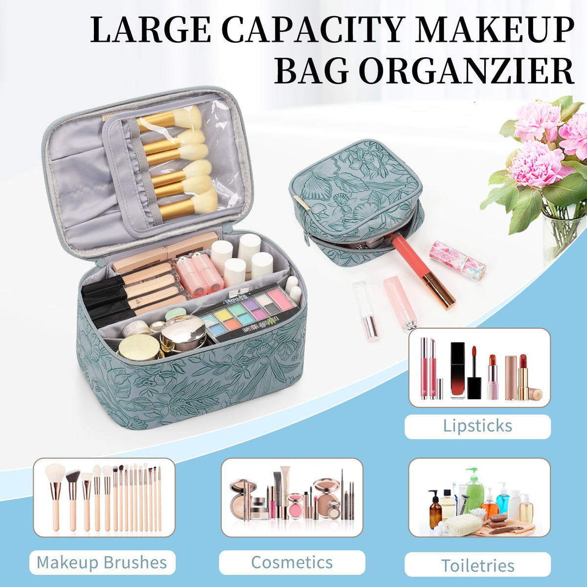 OCHEAL Makeup Bag Set on a vanity with beauty products