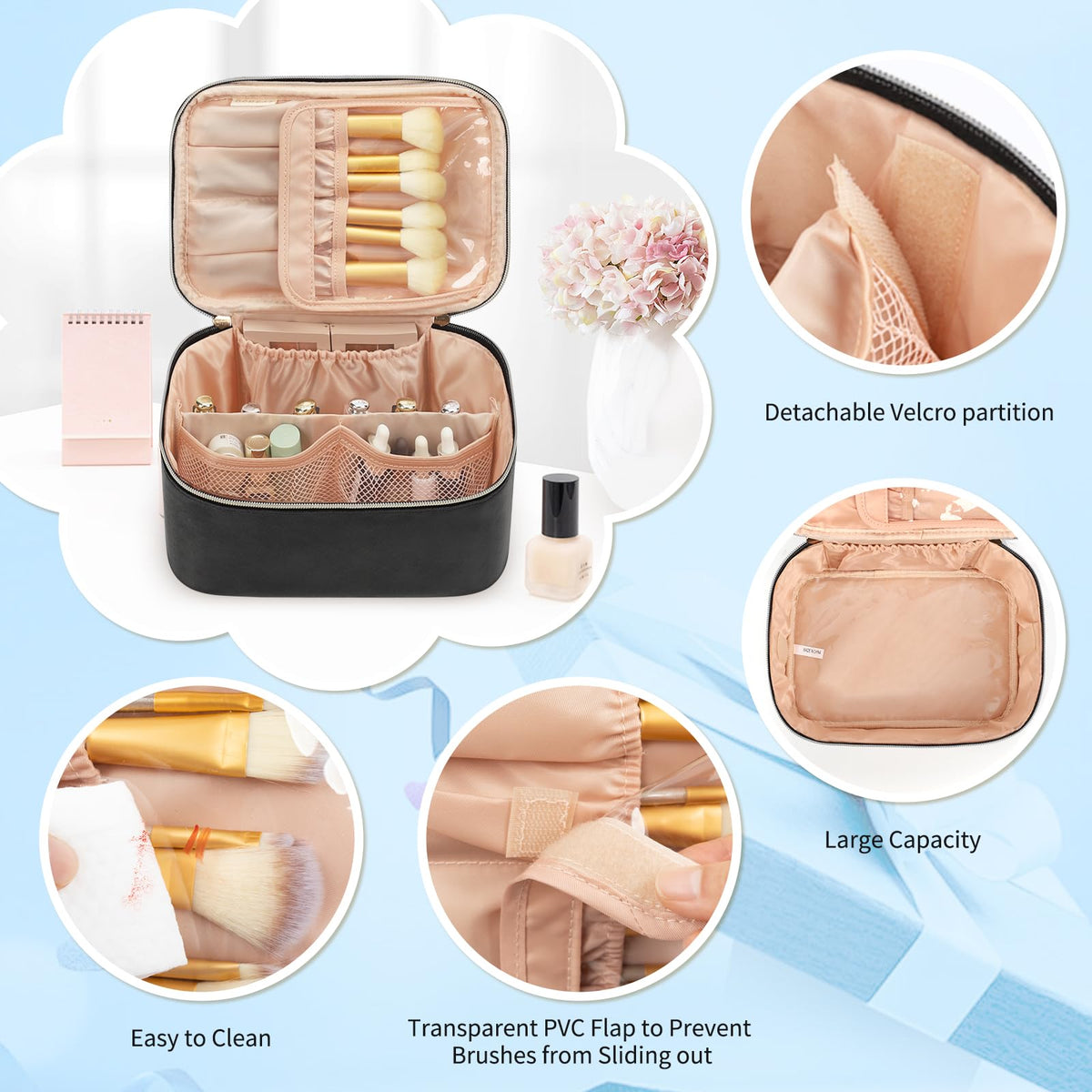 OCHEAL Makeup Bag Set small black makeup pouch front view