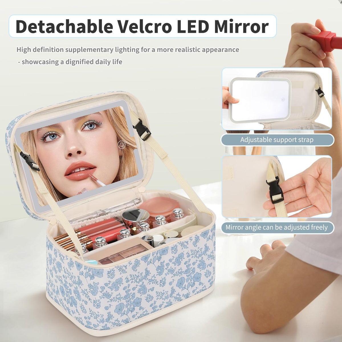 OCHEAL Makeup Bag showing detachable LED mirror with light settings