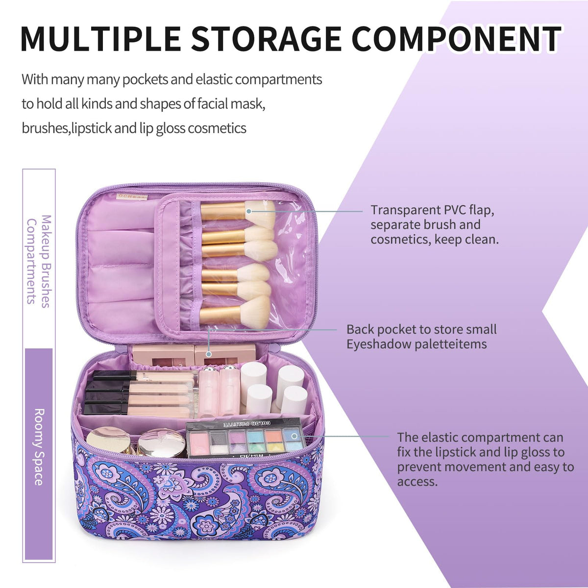 OCHEAL Makeup Bag showing separate brushes compartment