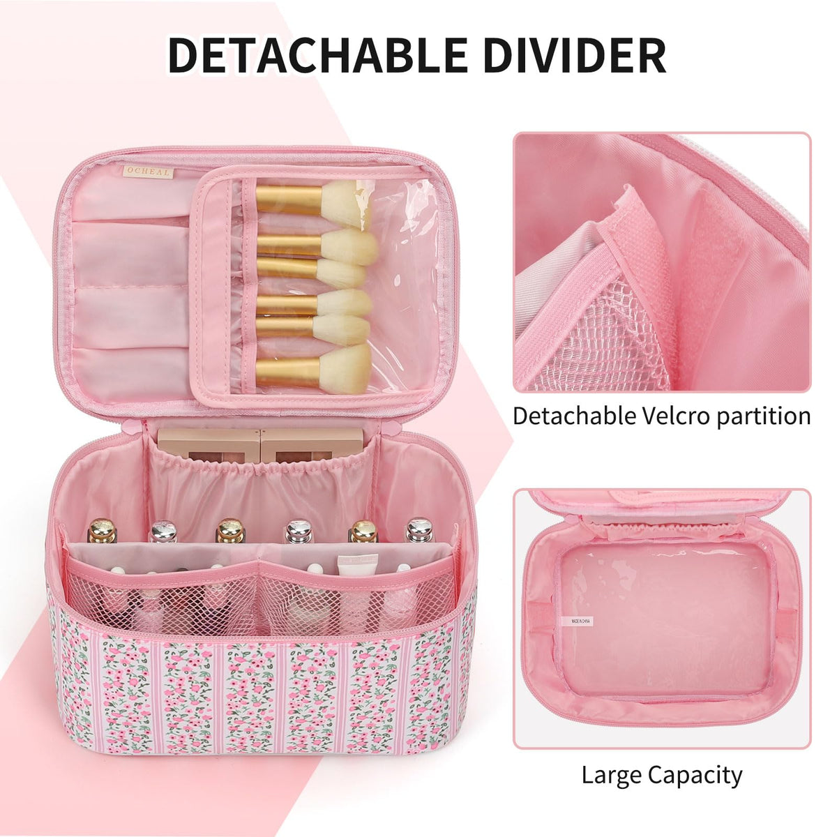 OCHEAL Makeup Bag side view with smooth two-way zippers